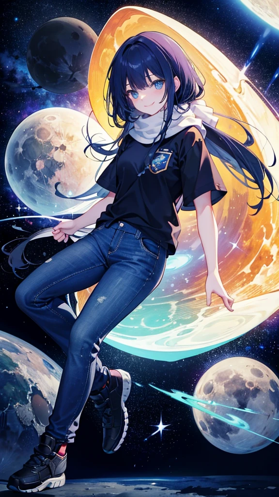 Super beautiful shining big eyes、Best Quality, hight resolution, 1girl in, Hanni, floating in the universe, Energy sphere, light Particle, frilld, Small breasts, Pleated skirt, (jacket partially removed), Shiny hair, Shining stars, Fantasy,