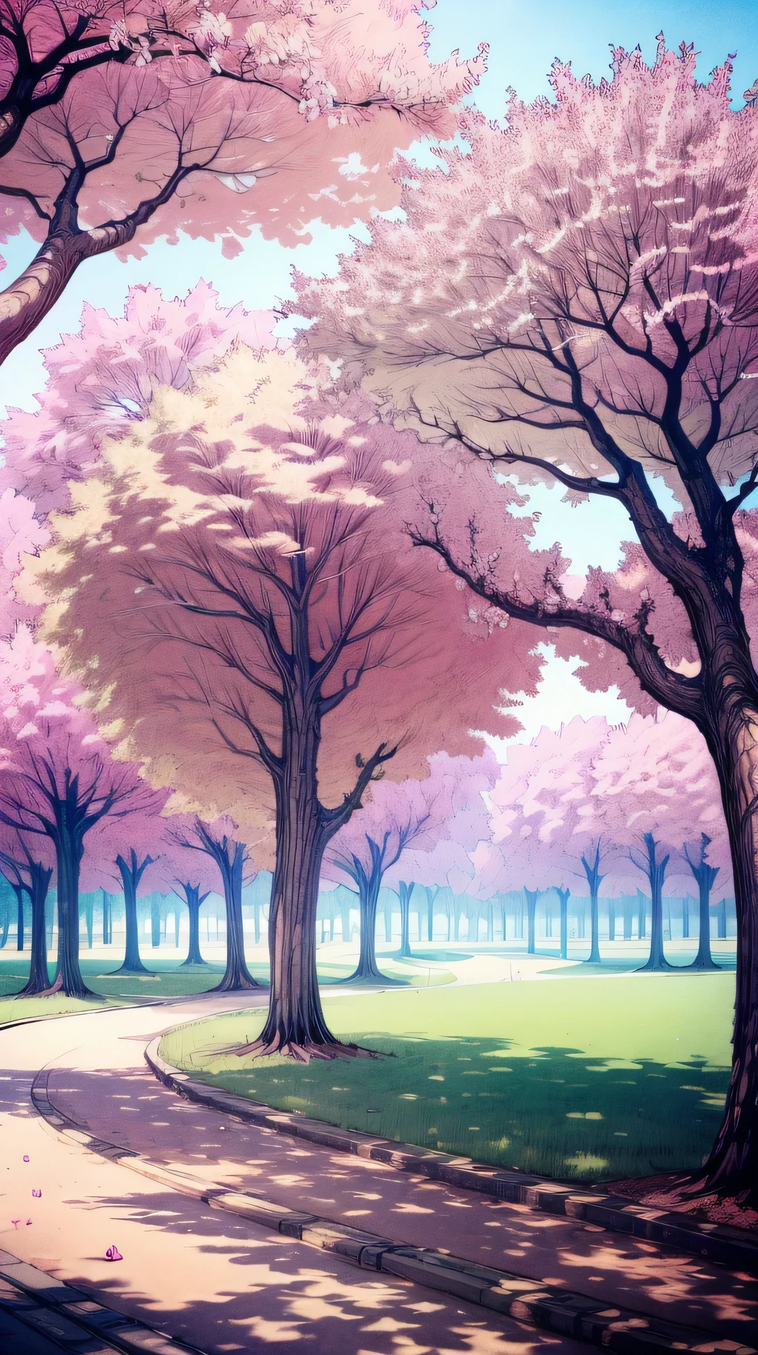 A park filled with blooming cherry blossom trees. Pink petals drift in the air, creating a dreamy atmosphere.