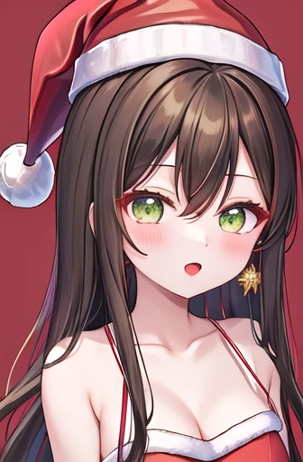 best quality, masterpiece, highres, solo, {hanazono_tae_bangdream:1.15}, long_hair, green_eyes, bangs, smile, blush, black_hair, brown_hair, hair_between_eyes, 1girl, christmas, collarbone, fur-trimmed_headwear, fur_trim, hat, looking_at_viewer, red_headwear, santa_hat, bare_shoulders, open_mouth, pom_pom_\(clothes\), red_dress, santa_costume, dress, fur-trimmed_dress, simple_background, :o, belt, breasts, cleavage, merry_christmas, spaghetti_strap, upper_body, santa_dress, sleeveless, sleeveless_dress, very_long_hair,大きい胸