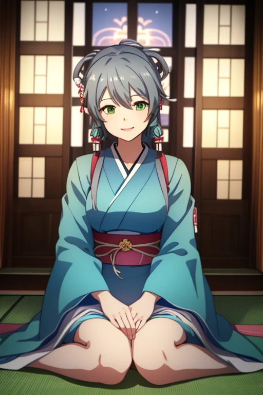 Best quality, Masterpiece, detailed, a girl, anime, VOCALOID, Luo Tianyi, Japanese girl, gray hair, Japanese hair style, green eyes, blue costume, kimono, smiling, shrine, Japanese buildings, firefly, 