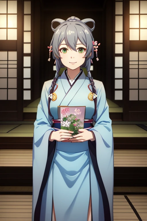 Best quality, Masterpiece, detailed, a girl, anime, VOCALOID, Luo Tianyi, Japanese girl, gray hair, Japanese hair style, green eyes, blue costume, kimono, smiling, shrine, Japanese buildings, firefly, 