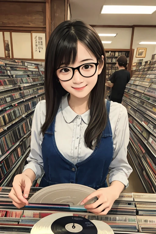 Best Quality、masterpiece、High sensitivity、High resolution、Detailed Description、Delicate facial depiction、Slender women、Glasses、Smiling face、At a used record store、The record you&#39;re looking for、
