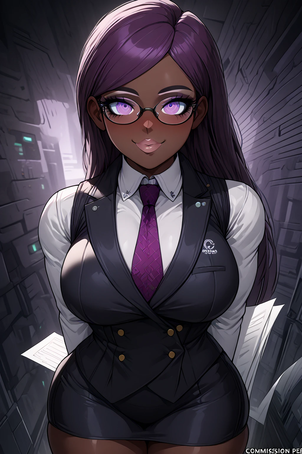  
(1 girl:1.2), solo, (8k, 4k, intricate),(halfbody-shot:1), (highly detailed:1.2),(detailed background:1.2),((dark skin, beatiful face,plump lips, smiling)), ((big breasts,wide hips, thick thighs,))((sci-fi aesthetic, futuristic clothing, cyberpunk aesthetic))) Purple highlights, long hair, intern, dark skin, papers, skirt suit, (((three-piece suit))), (((necktie))), blazer, (((suit jacket))), (((waistcoat))), double-breasted waistcoat, bodycon miniskirt, pencil skirt, office, surprise,floral pattern, glasses, darksynth character portrait, digital art from danganronpa, portrait of ((mischievous)), character portrait of me character half body portrait, commission for high res, oc commission, anime vibes, cyberpunk art ultrarealistic 8k, cyberpunk style,