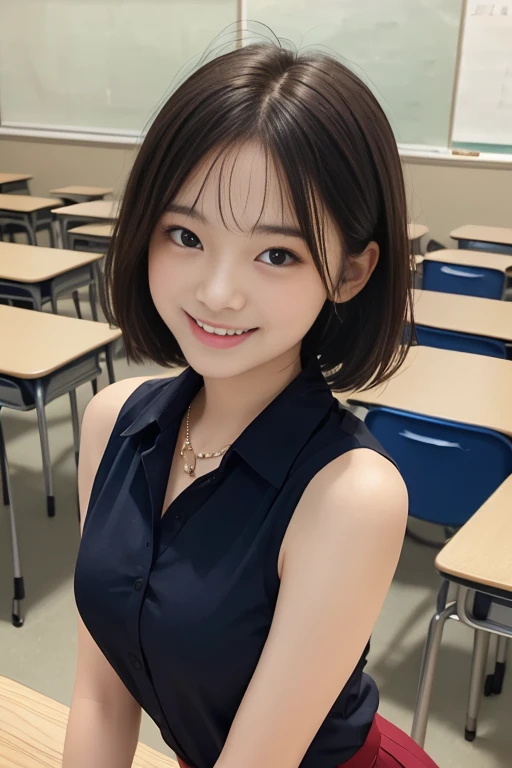 (on the desk in the classroom), (Place one foot on the desk and bend knee, smile with teeth, Look into viewer, Look at camera, affable:1.2), (high school uniform, Long sleeve White blouse, navy pleated skirt, red scarf on the chest, white socks, loafers, student bag:1.3), (full length, whole body), (black hair, 18 years old, slim waist and large breasts style, short height, short bob cut, blush stickers, one little star earring, lively eyes, younger sister girl, round face, eyebrows downward, light blush, Look at viewers, affectionate cute, cute girl, surreal high school girl, big breasts:1.4), (Surrealism, natural lighting, depth of field, Nikon, 8k, super detail, masterpiece, high details, anatomically correct, award winning:1.5)