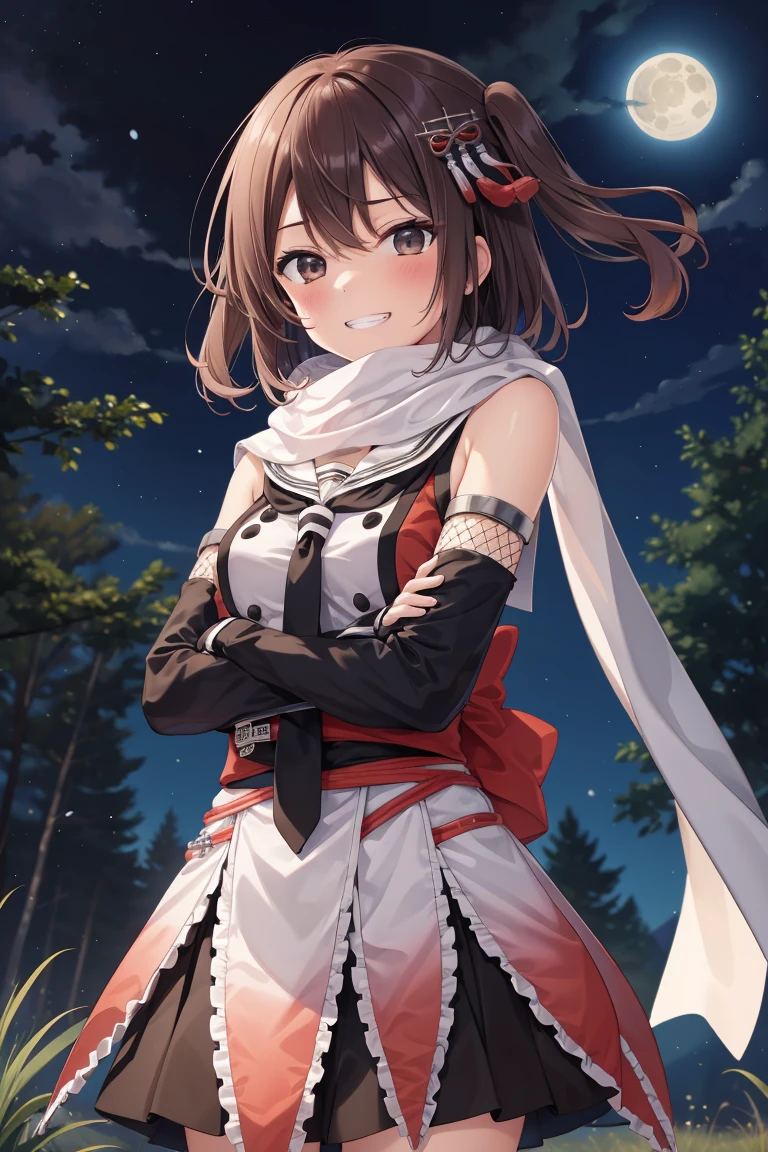 Portrait, official art, best masterpiece, best quality, best resolution, 8K, best detailed, perfect anatomy 
BREAK
smile, grin
BREAK 
(cowboy shot), Cross your arms
BREAK 
sendai kai ni, two side up, hair ornament, school uniform, serafuku, black neckerchief, black skirt, elbow gloves, fingerless gloves, white scarf, (medium breasts, athletic build), 1 girl
BREAK 
forest, in the woods, outdoor, full moon, (night, midnight, darkness:1.3), very fine and detailed 16KCG wallpapers