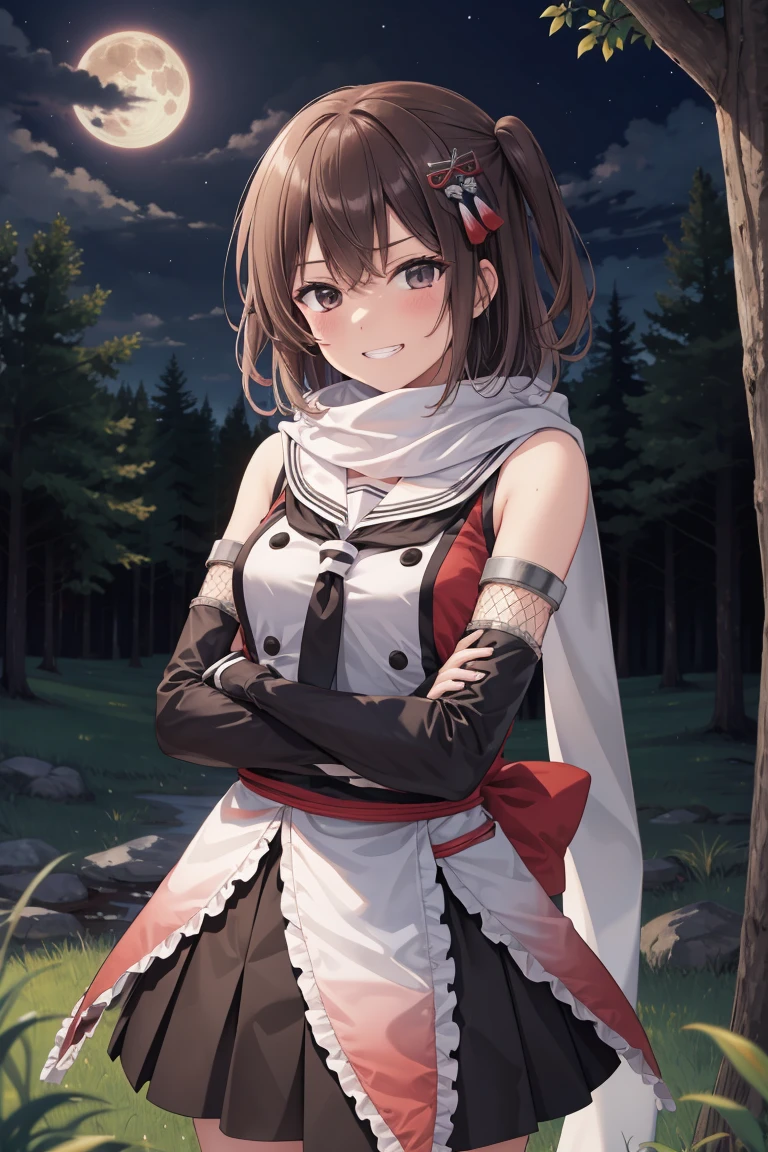 Portrait, official art, best masterpiece, best quality, best resolution, 8K, best detailed, perfect anatomy 
BREAK
smile, grin
BREAK 
(cowboy shot), Cross your arms
BREAK 
sendai kai ni, two side up, hair ornament, school uniform, serafuku, black neckerchief, black skirt, elbow gloves, fingerless gloves, white scarf, (medium breasts, athletic build), 1 girl
BREAK 
forest, in the woods, outdoor, full moon, (night, midnight, darkness:1.3), very fine and detailed 16KCG wallpapers