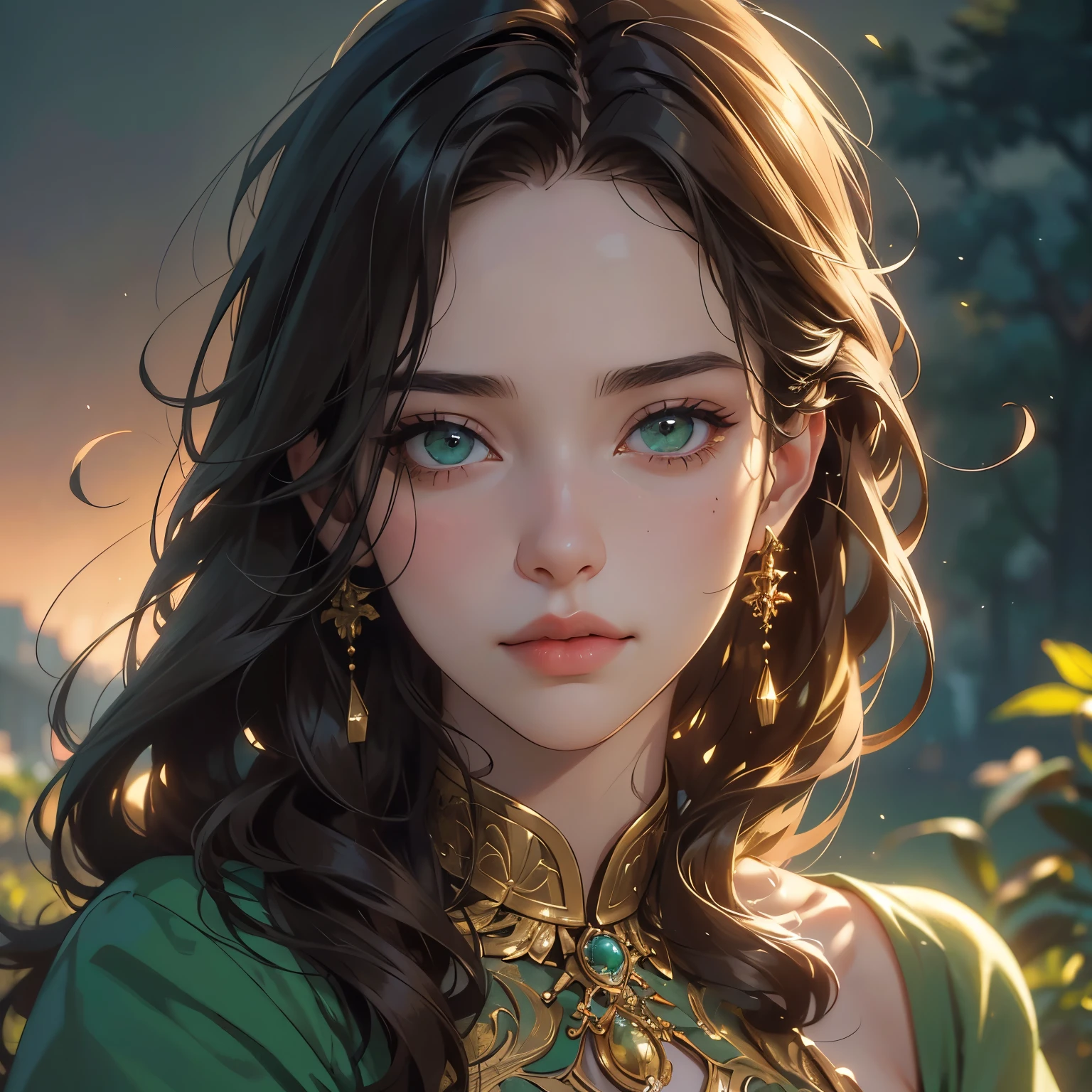 high, in a park , wearing green, green flowers, has slightly darker brown skin, green eyes and wears short locks in her hair, very dark brown hair color. ((Good quality)) ,a intricate jewelry, sparkling hair,, beautiful detailed eyes, beautiful detailed lips, extremely detailed face, long eyelashes, (best quality,4k,8k,highres,masterpiece:1.2),ultra-detailed,(realistic,photorealistic,photo-realistic:1.37),professional,vivid colors,dramatic lighting,cinematic composition,elegant portraiture, gold hair,, Clear Theme, Perfect Composition Ratio, Masterpiece, Best Quality, 4K, Sharp Focus. Better Hand, Perfect Anatomy. by AYMSHANK,Julia Razumova's and style of Carne Griffiths,