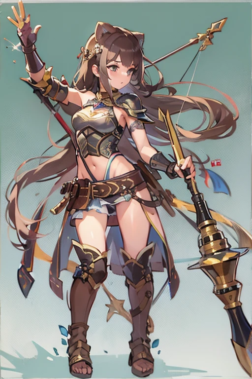 (((Female Archer)))、(((Wears a small amount of leather armor)))、(((Belly button)))、Holding up a magic wand、 Best Quality, masterpiece, Ultra-high resolution、(Mid-length hair)、middle ages、Sexy pose、((Exposed Skasy)、Ready your bow、((Oily skin))、whole body、Taking aim