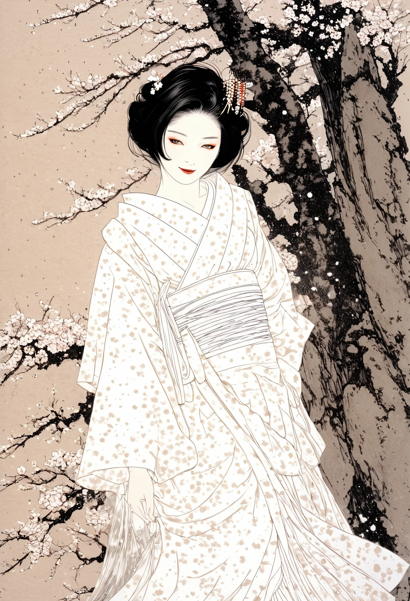 Line art、geisha、Splattered、Crazy Smile、Falling sakura Flowers、takato yamamoto style、White Dress, sakura tree, mount fuji in the background