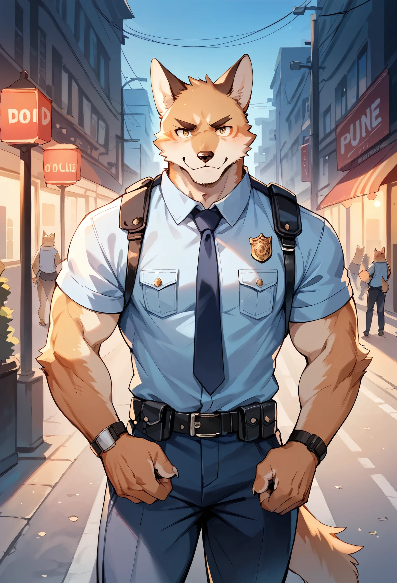 rating_safe, score_9, score_8_up, score_7_up, score_6_up, score_5_up, score_4_up, hires, cover page, absurdres, perfect anatomy(kemono, furry anthro, handsome boy)police officer, street, good lighting, cinematic shadow,