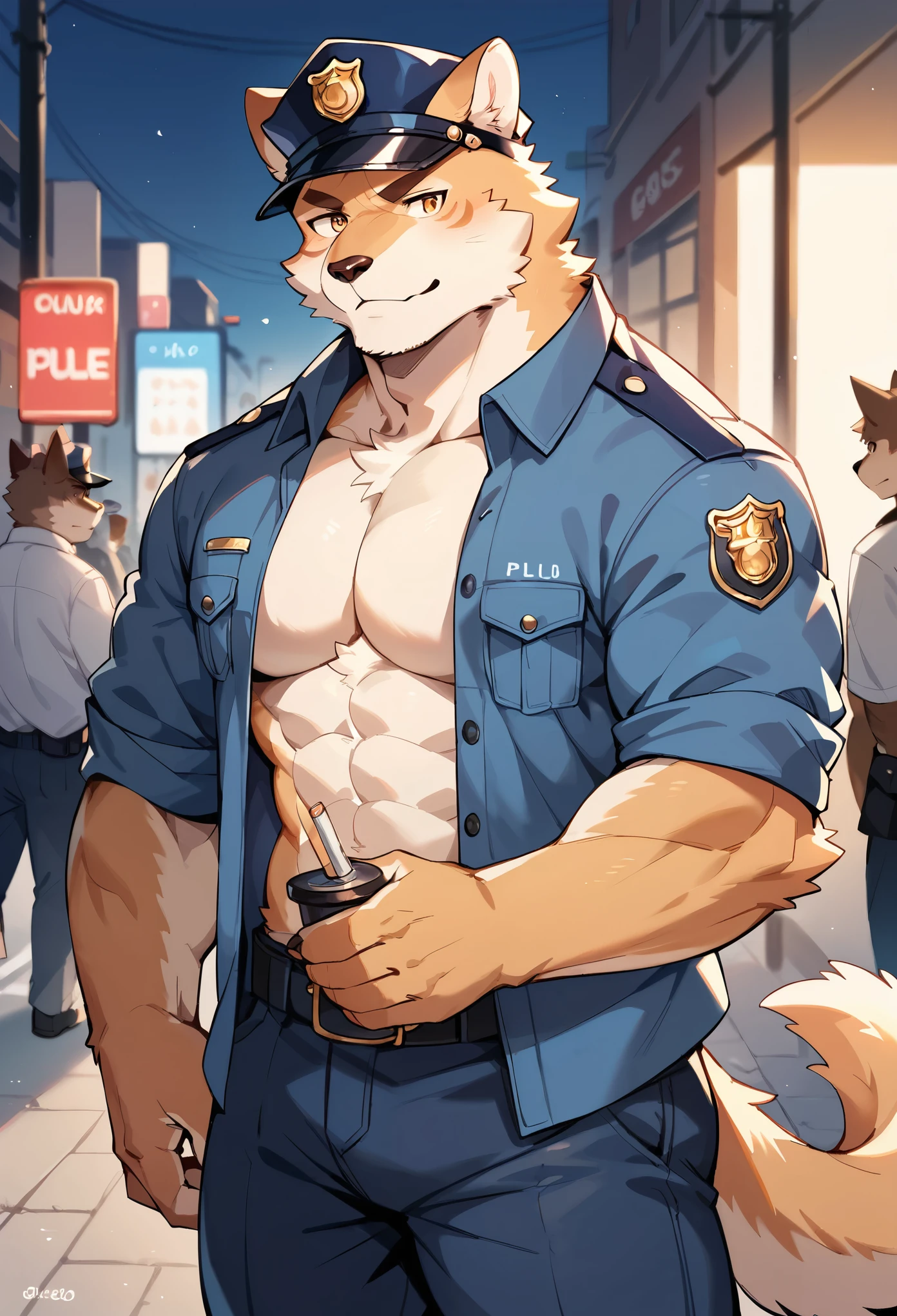 ((Otter)), white teeth, ((standing)), saliva, (((brown)) furred body)), ((dominant)), ((intimidating)), dilf, Daddy, father figure, mature male, hunk, pecs, ((crotch focus)), ((Military camp)), ((very detailed background)), ((very detailed lighting)), ((very detailed hands)), ((well drawn hands)), ((very detailed crotch)), ((very detailed fur texture)), ((very detailed)), very high resolution, very high quality, ((large penis)), ((very detailed Penis)), ((very detailed foreskin)), ((very detailed balls)), ((very detailed clothing)), ((military vest)), ((military beret)), ((military armband)), ((dog tags)), ((arms behind back.))