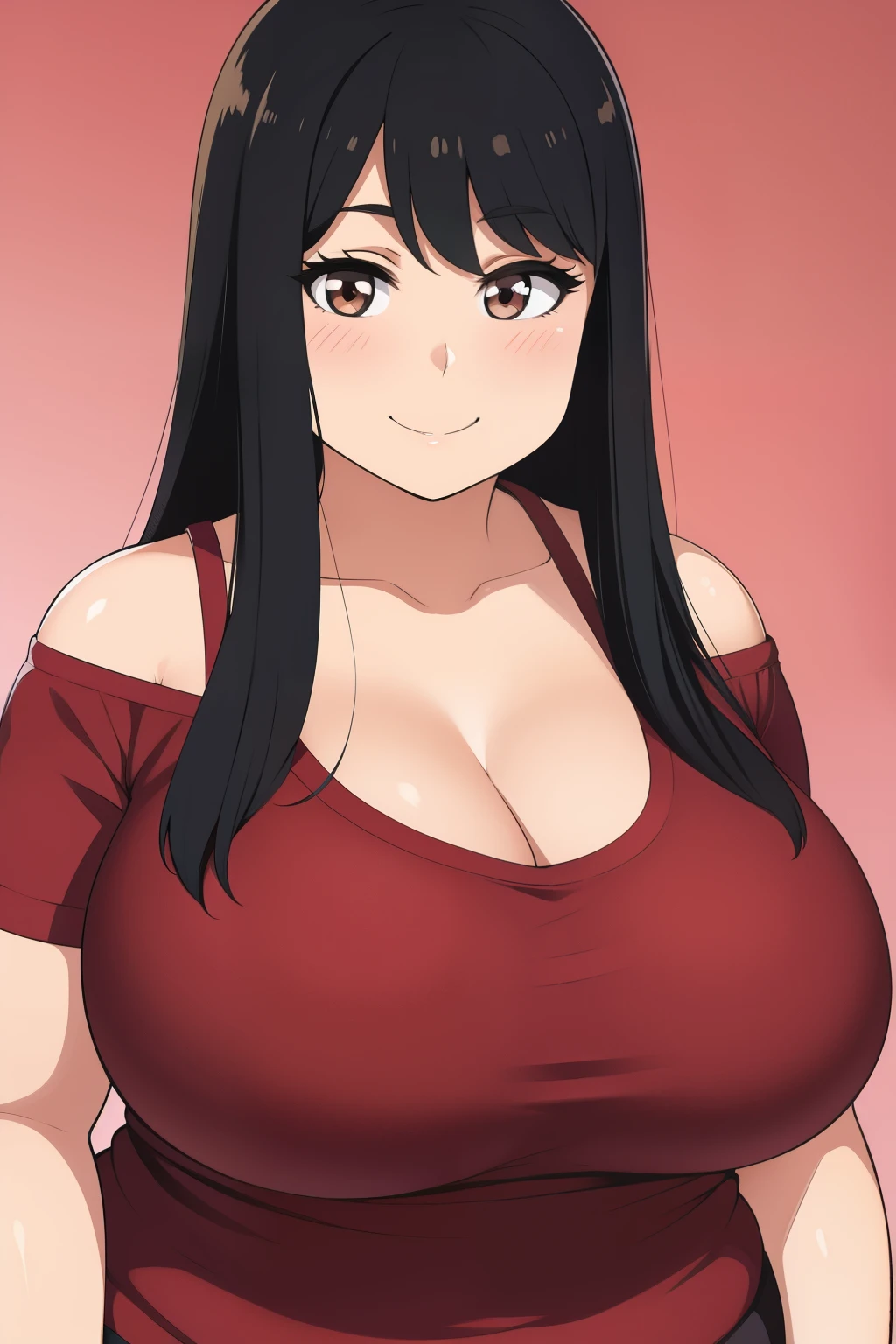 Plump year 21 big breasts black hair brown eyes happy longer hair smile blushing smug