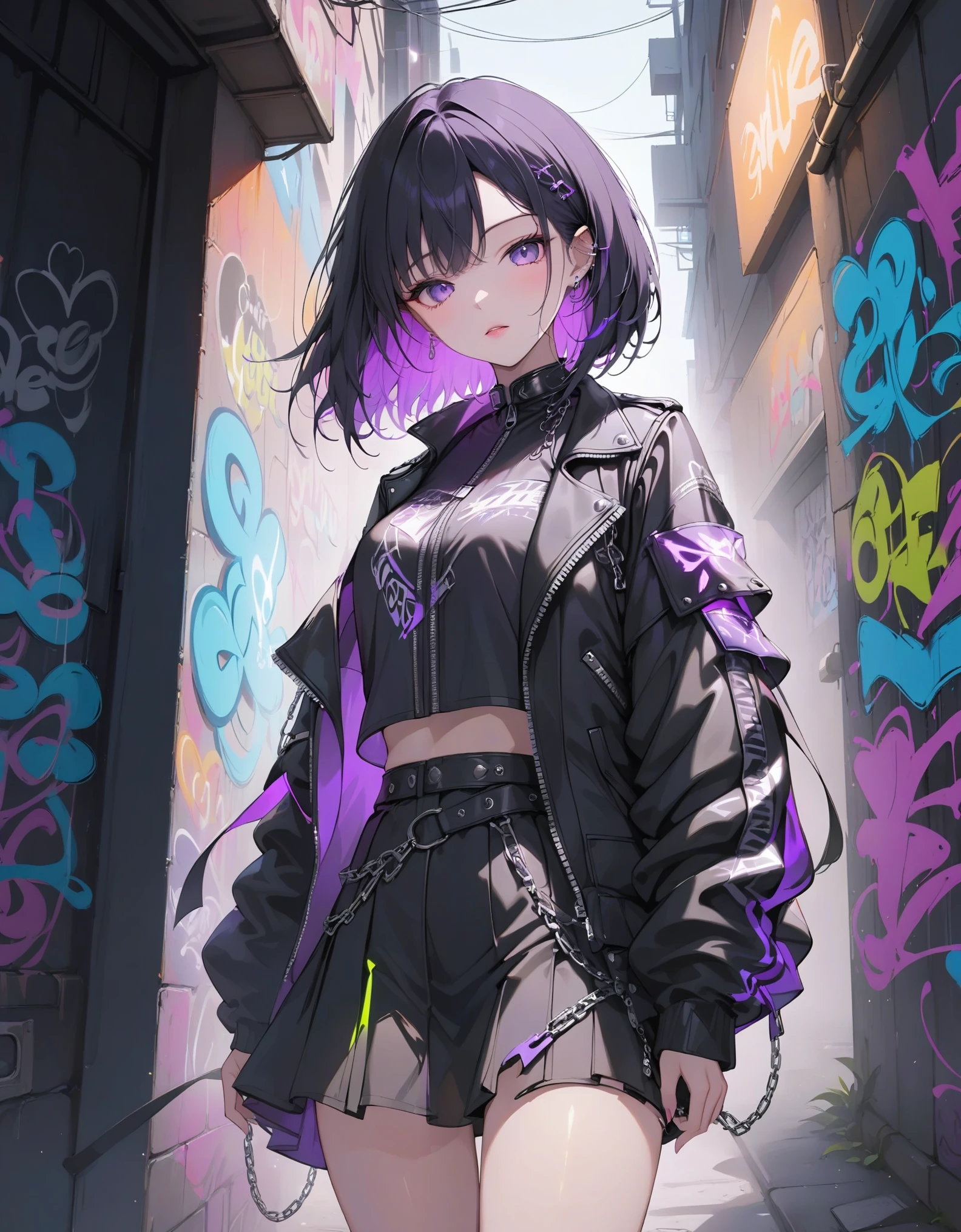 close-up, 1girl, solo, black hair, sharp asymmetrical bob, intense violet eyes, sharp features, black leather biker jacket with glowing neon accents, shredded black skirt with safety pins and chains, dimly lit alleyway with graffiti art and flickering neon signs, masterpiece, best quality, very aesthetic, absurdes.
