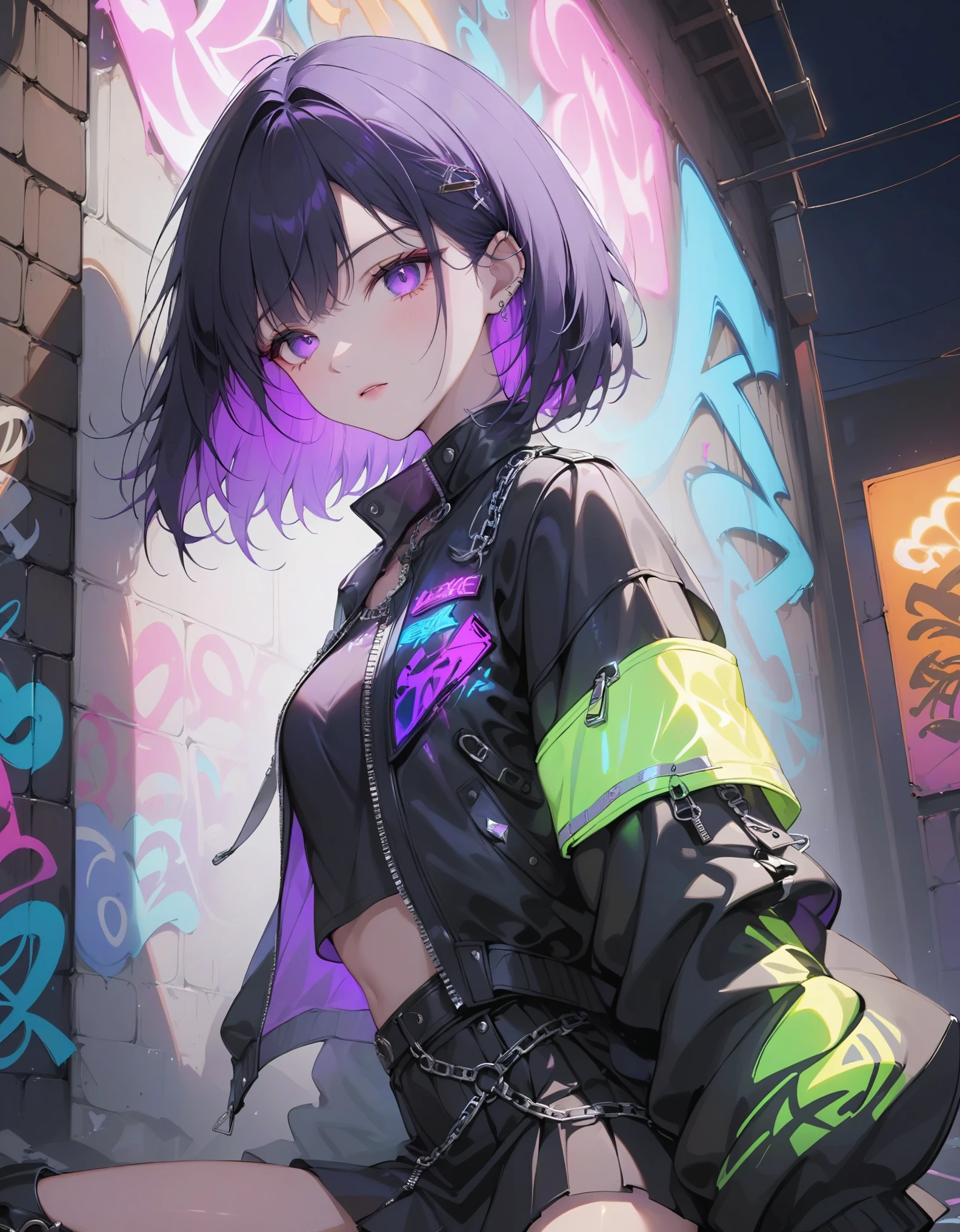 close-up, 1girl, solo, black hair, sharp asymmetrical bob, intense violet eyes, sharp features, black leather biker jacket with glowing neon accents, shredded black skirt with safety pins and chains, dimly lit alleyway with graffiti art and flickering neon signs, masterpiece, best quality, very aesthetic, absurdes.
