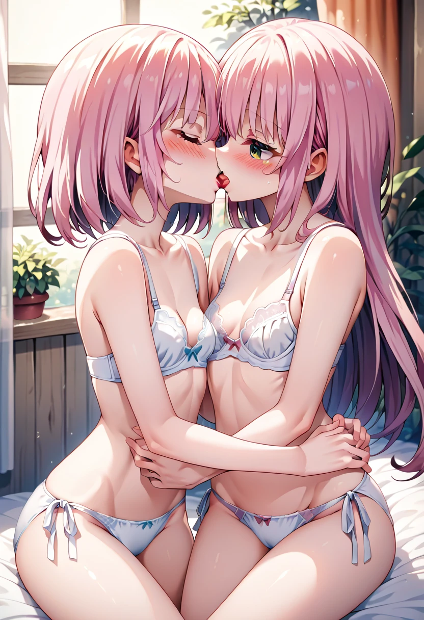 score_9, score_8_up, score_7_up, score_6_up, score_5_up, score_4_up, source_anime, 2 girls, (()), (yuri), ((scissoring)), ((Kiss)), tongue out, skinny, small breasts, pink hair, long straight hair, green eyes, flushed face, blush, (side-tie white bra), ((side-tie white panties)), (touch someone's body)