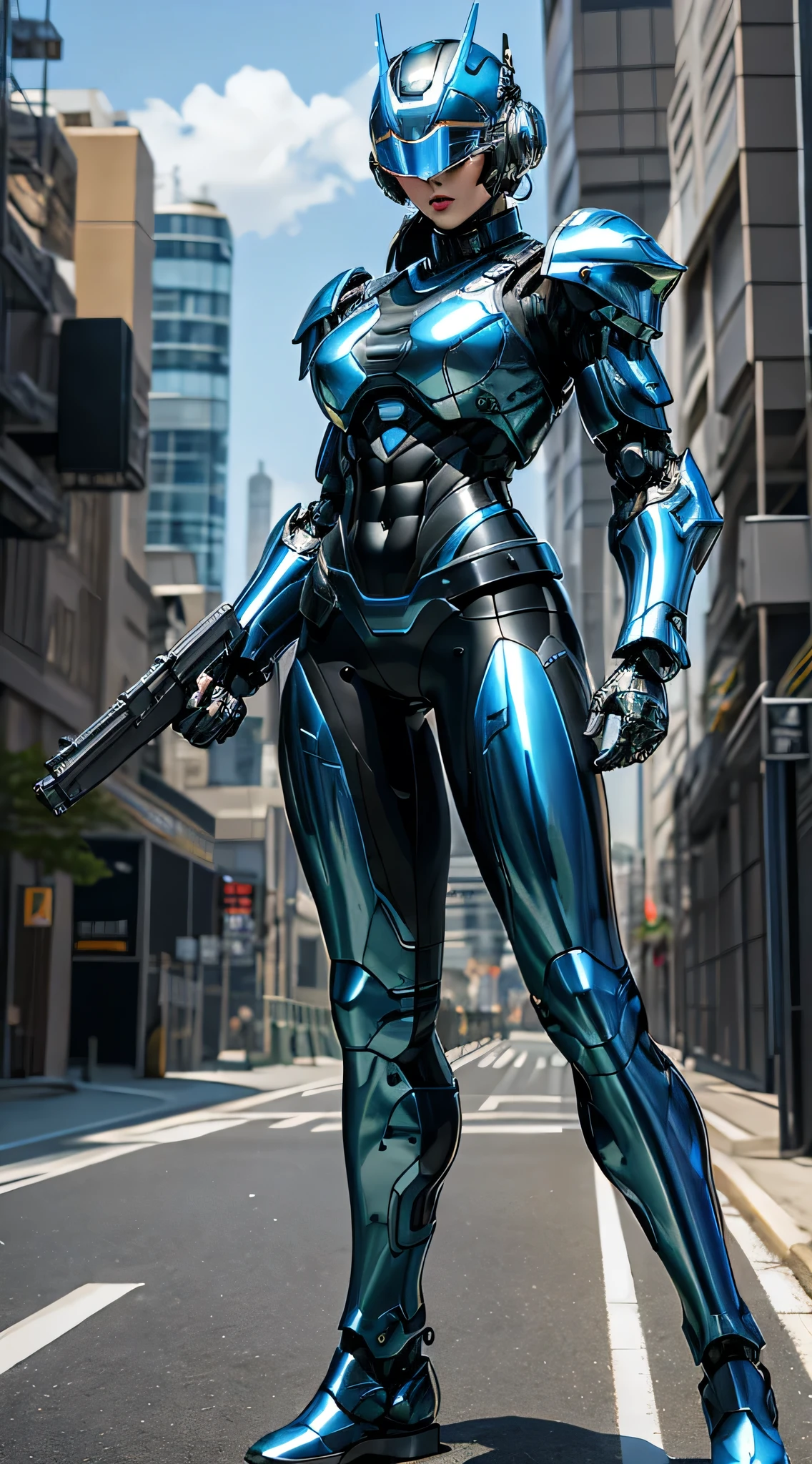 Female Robocop Solo、Bright outdoors、strong light source、8k, high quality, masterpiece, 最high quality, Sharp contrast、Very detailed、full body armor、Very large armor、Helmet to cover the head、Clear Photos、The eyes are pale, Translucent Straight Goggles.:1.3、The lower half of the face is raw々Shii:1.5、The lower half of the face is exposed、Seductive lips、Marine blue metallic armor、Black accent color、Full body armor、length, Thin legs、Vibrant Posello Body View,Big and ample breasts:1.8, (Sports Body:1.5)、Five Fingers、Hold a gun、In the city