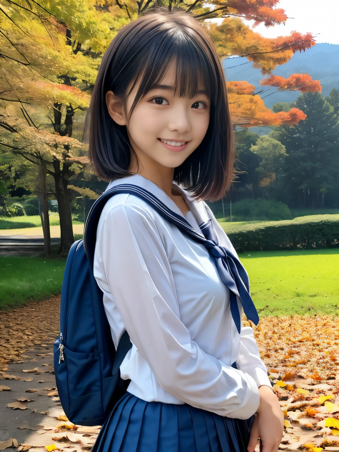 (masterpiece, best quality:1.2), 1girl, Alone, Japanese high school girl, Beauty, Sexy figure, 18yo, (Super cute idol-like face), Large eyes with double eyelids, Perfect Face, , Perfect eyes with perfect symmetry, Very detailed, hyper practical, masterpiece, AtmosphereHigh Resolution, Happy expression, Beautiful breasts, Brown eyes, (White shirt, Sailor school uniform, Navy blue pleated skirt), Beautiful legs, Upper Body, smile, Black Hair、Short Hair, With bangs, Carry a school backpack, (ベンチに座ってautumn leavesした葉を眺める), (The background is the beautiful Japanese autumn countryside、nature, autumn leaves)
