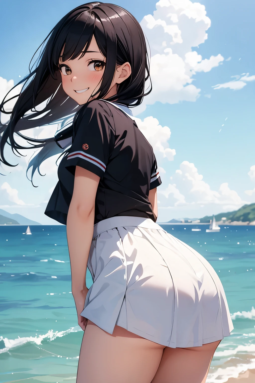 1womanl,dark brown hair,Long Wave Hair、a 20 yo woman、((Impatient expression)),Beautiful Medium Big、White shirt,Mini flared skirt,well-styled,,(Facing the front)、(Cute expression with a shy smile)、((Blushing cheeks、embarassed expression)),(((The skirt is rolled up by the wind)))、((facing back))、((buttocks visible))、((Light blue lace panties))