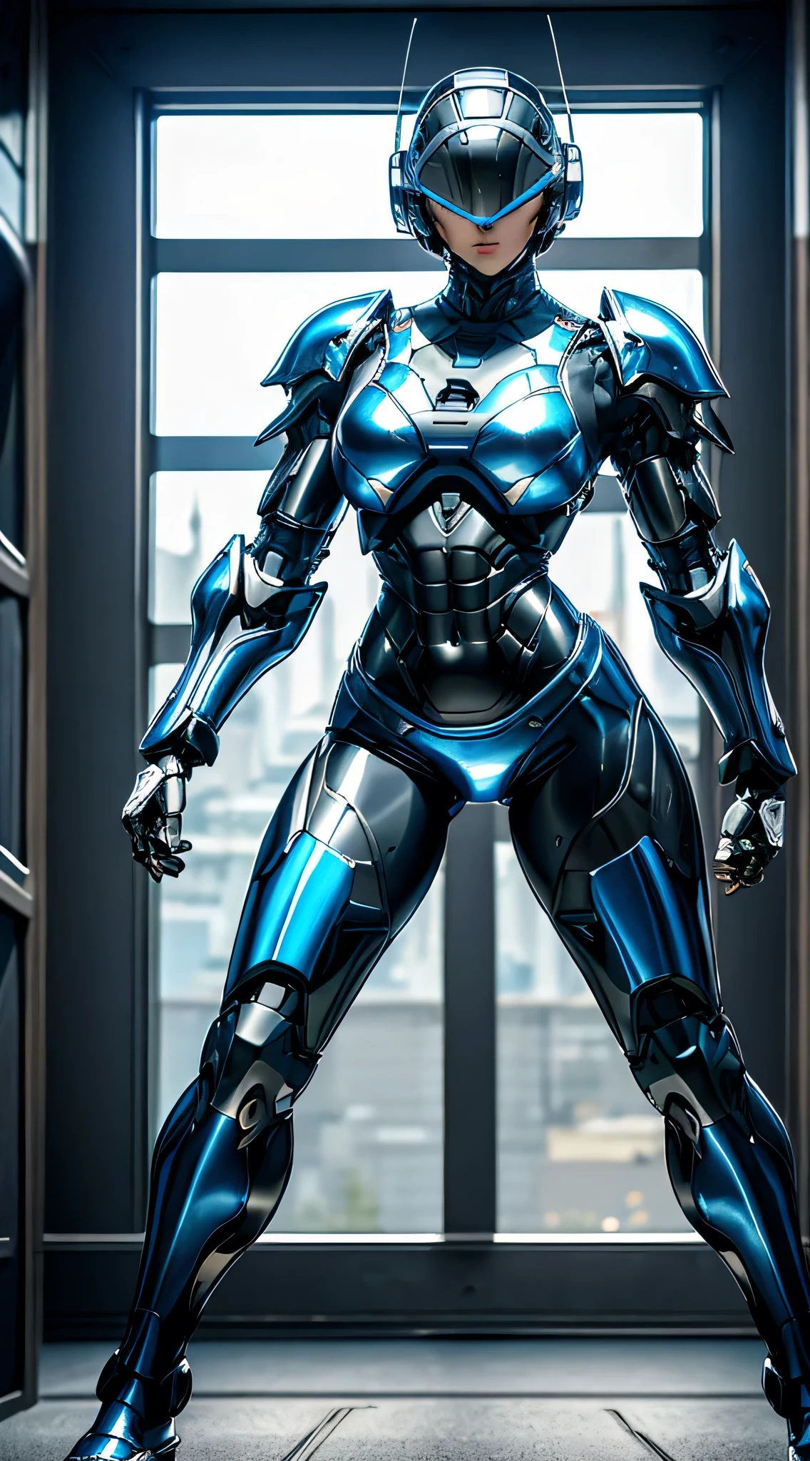 Female Robocop Solo、Bright outdoors、strong light source、8k, high quality, masterpiece, 最high quality, Sharp contrast、Very detailed、full body armor、Very large armor、Helmet to cover the head、Clear Photos、The eyes are pale, Translucent Straight Goggles.:1.3、The lower half of the face is raw々Shii:1.5、The lower half of the face is exposed、Seductive lips、Marine blue metallic armor、Black accent color、Full body armor、length, Thin legs、Vibrant Posello Body View,Big and ample breasts:1.8, (Sports Body:1.5)、Five Fingers、Hold a gun、In the city