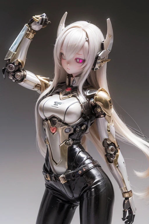 8K，masterpiece:1.0，absurdres，high quality,extremely detailed，(1 robot)(little girl)，(Delicate face:2.0)，(Clear and delicate facial features:1.5)，(long hair)，(Iron body:1.7),(machine eyeshade),(machine arms),(machine legs),(silver skin)(shiny skin:1.8),get ready to fight,(bright light)