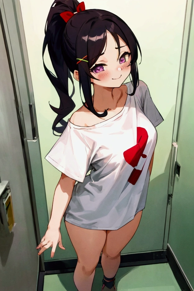 Chica standing posando, anime girl style, smiling face closing eyes with blush, high ponytail hairstyle, one Ponytail hairstyle, ponytail hairstyle, white hair, Waist length wavy black hair, standing posando, anime girl style, anime,penetrating gaze with deep eyes,red and purple eyes, hair with a ponytail hairstyle caught with a big red bow, Women, red hair clips, x shaped hair clips color , smiling face blush, next to his bed, black hair, NSFW, From below, neckline, looking at the viewer, lewd smile, ((oversized t-shirt)), off the shoulders, without pants, washing machines, thighs, ((white t-shirt)), standing, hands behind back de la cintura,hair down to the back, thighs grande, hands behind back, average size breasts, black hair 