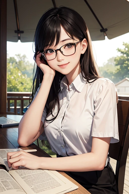 Best Quality、masterpiece、High sensitivity、High resolution、Detailed Description、Delicate facial depiction、Slender women、Glasses、Smiling face、Sitting on a chair、Reading、