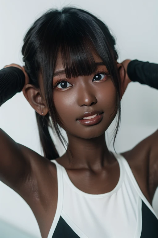 best quality, masterpiece, highres, (detailed:1.4), 1 girl, black hair, (((( dark skin:1.5 )))), extremally thin eyebrows , thick bluish eyeshadow, thick black eyeliner, Highlighted eyes with eyeliner, false eyelashes, (( arms up ))