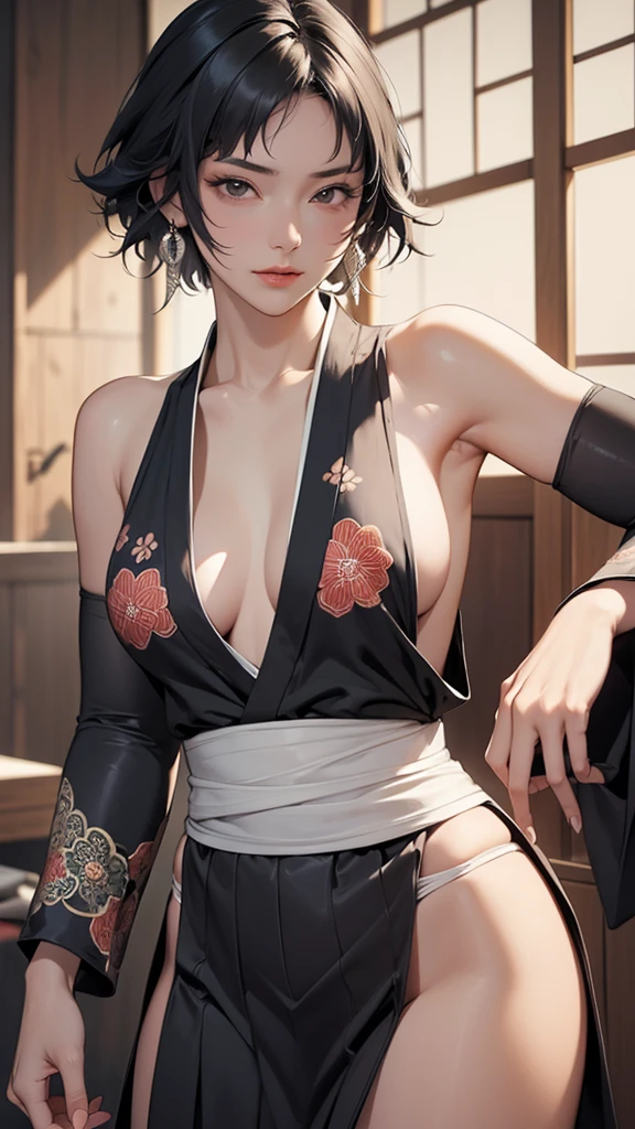   (perfect sexy figure), solo, (((Japanese clothes, dark color base, with intricate beautiful traditional patterns ))), (sui-feng, short hair, short hair with long locks, sideboob), ((masterpiece, high resolution, Best quality at best))，masterpiece，quality, Exquisite facial features, Looking at the audience, There is light in the eyes, (facial expression, confidence), best lighting for best shadows,（Light and shadow)