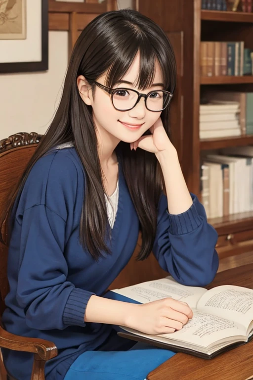 Best Quality、masterpiece、High sensitivity、High resolution、Detailed Description、Delicate facial depiction、Slender women、Glasses、Smiling face、Sitting on a chair、Reading、