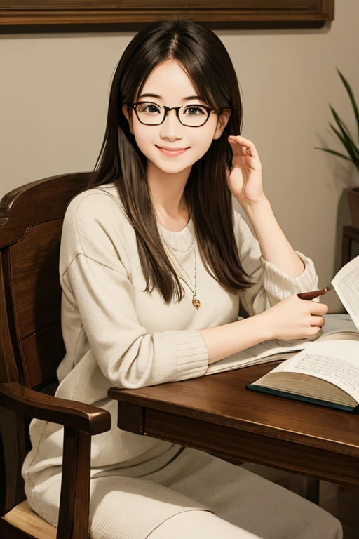 Best Quality、masterpiece、High sensitivity、High resolution、Detailed Description、Delicate facial depiction、Slender women、Glasses、Smiling face、Sitting on a chair、Reading、