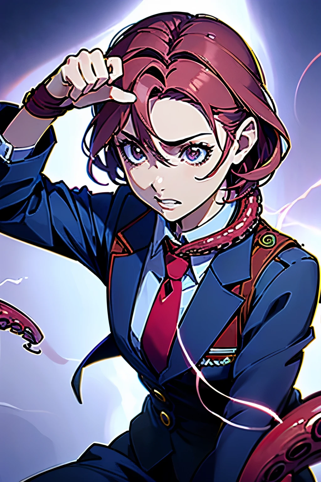 (highest quality:1.2), upper body portrait of A 20-years-old girl, raising her arm, Her index finger is pointed to her temple of head, makeng gesture of "bang!". thundervolt is caused from her index finger and lightning surrounds her head. From front view, illuminated by neon light, a photorealistic cute lady, being sticked her head by many tentacles, European face, suffering face, open eyes with determination,holding her temper, dark bloody-red lip showing crenched teeth,Short-cut pink hair, upper body portrait above the shoulder, wearing business suits, wearing tie