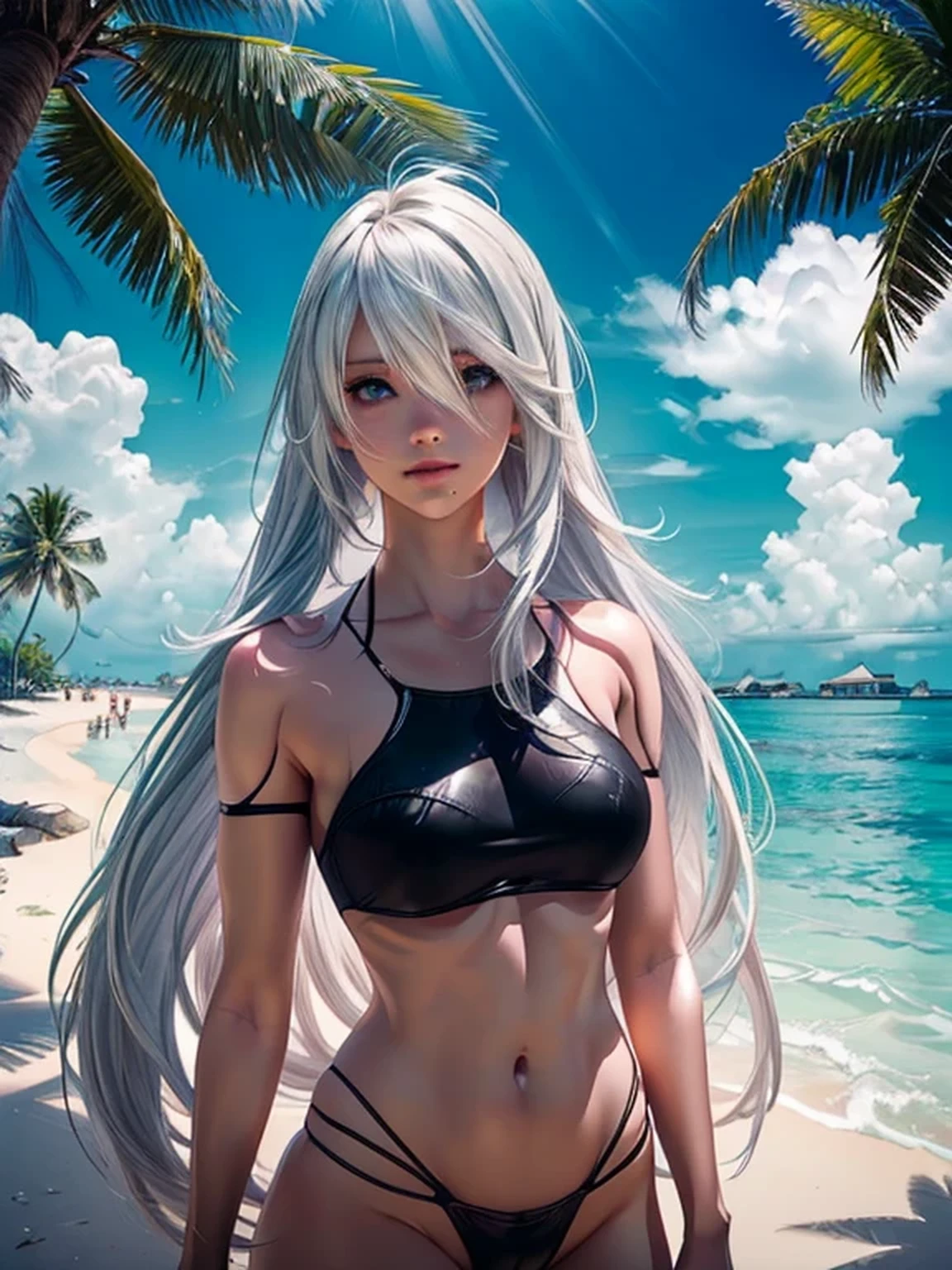 1 girl, A2, Characters from NieR Automata, YoRHa Type A No. 2, (Cool and beautiful face:1.1, extremely detailed eye and face, Shoulder-length straight hair, Nordic White Hair Color:1.1, Asymmetrical bangs, Flowing hair between the eyes, Stylish, medium breasts, Wearing is Black bikini, Short Black pareo:1.3). (maldives beach:1.1, Maldives Beach Resorts, The Stunning Sea Views and Beautiful Beaches), (Clear cyan blue sea:1.1, blue sky and white clouds, Palm trees, Under the palm trees, Natural sunlight filtering through the trees, Tropical Juice, drinking, Bright sunshine, dazzling sunshine), Beautiful Landscape, ((masterpiece)), (best quality), extremely detailed, 8k wallpaper, ultra detailed, photorealistic, highly detailed background