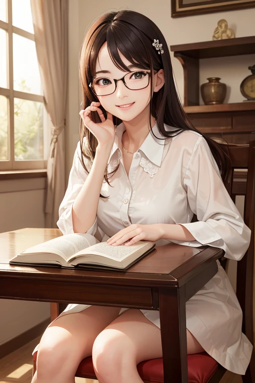 Best Quality、masterpiece、High sensitivity、High resolution、Detailed Description、Delicate facial depiction、Slender women、Glasses、Smiling face、Sitting on a chair、Reading、