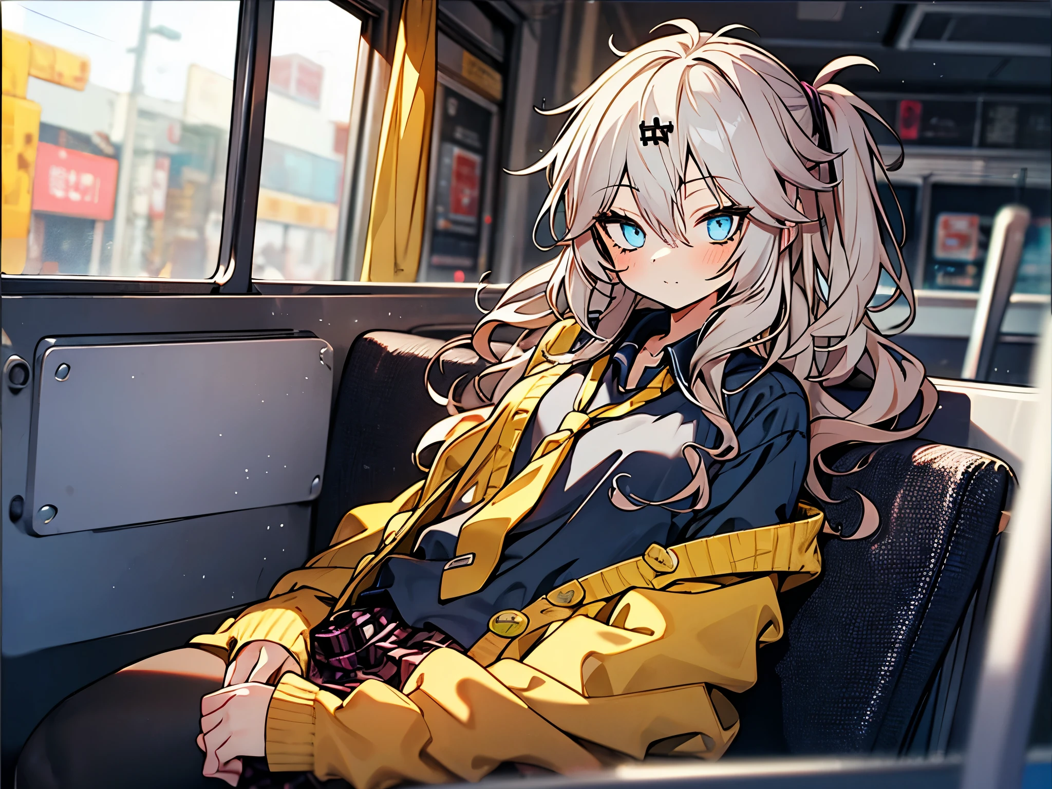 masterpiece, Best Quality, Perfect Face, Highest Resolution, Best Quality,Detailed depiction of the eyes, 8k, kasukabe tsumugi, One Girl, Black shirt, Yellow tie, Yellow cardigan, plaid skirt, Inside the bus