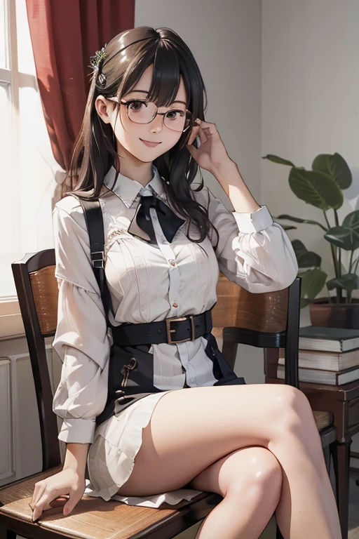 Best Quality、masterpiece、High sensitivity、High resolution、Detailed Description、Delicate facial depiction、Slender women、Glasses、Smiling face、Sitting on a chair、Reading、