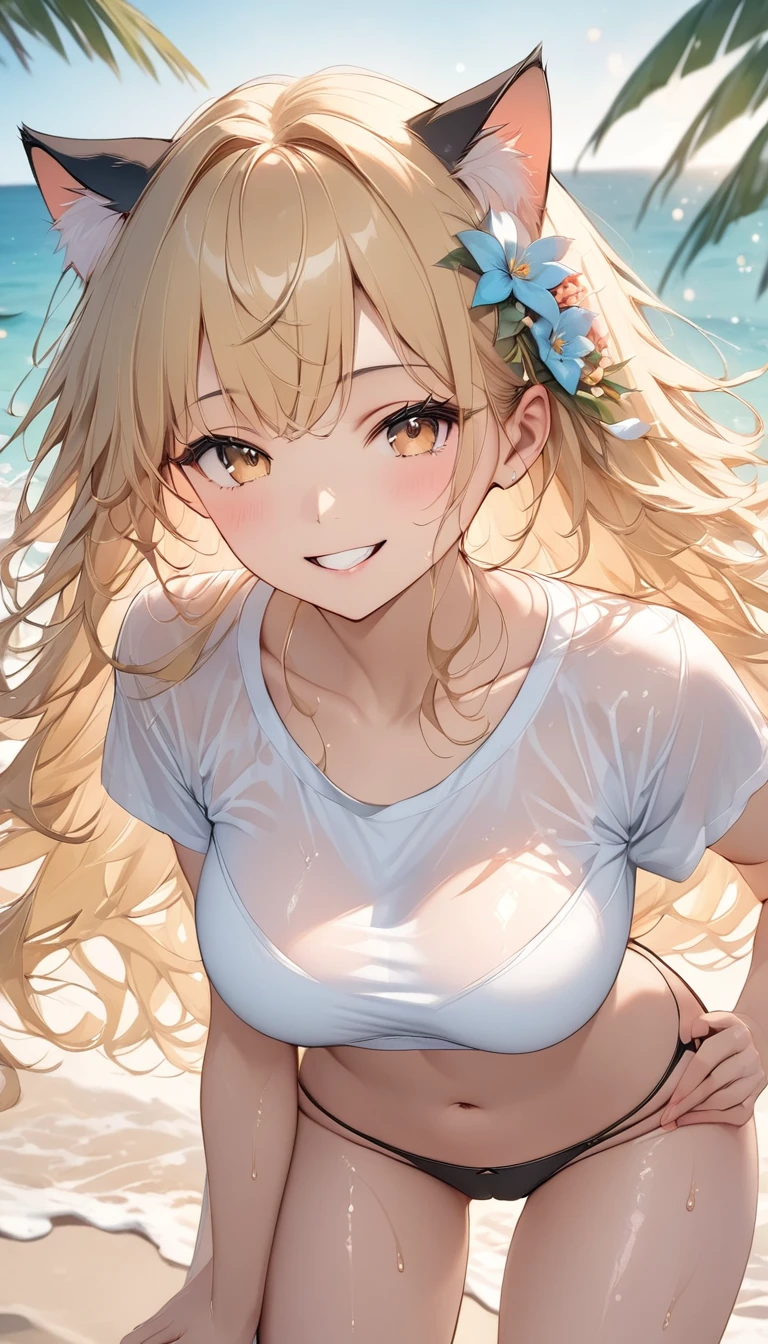 NSFW, highquality illustration, masterpiece, very delicate and beautiful, 1 girl, seductive smile, (huge breasts:1.5), pink nipples, cleavage, wet skin, (micro bikini), princess, blonde, bob hair, beautiful eyes, beach, (masterpiece, best quality:1.2), highres, perfect lighting, Colourful, ultra-high res,4K,ultra-detailed, photography, 8K, HDR, 20 ages, portrait, (full body:1.4)