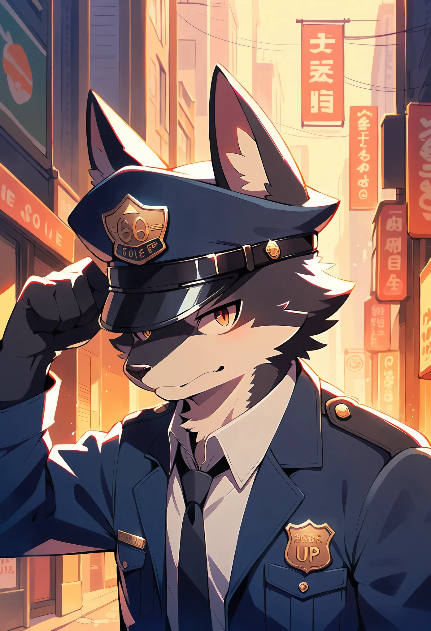 High detail,hyperquality,High resolution,,(((独奏))),Furry,(Male arctic fox:1.5),(Gray fur:1.3),Gray skin,Gray ears,((Golden eyes)),detailed eye,(((Gray paws)))，(((sharp talons))),(Fluffy tail:1.2)，((Wearing a police uniform))，Wearing a police hat,Stand in front of the police station，Detailed characters