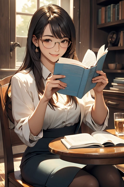 Best Quality、masterpiece、High sensitivity、High resolution、Detailed Description、Delicate facial depiction、Slender women、Glasses、Smiling face、Sitting on a chair、Reading、