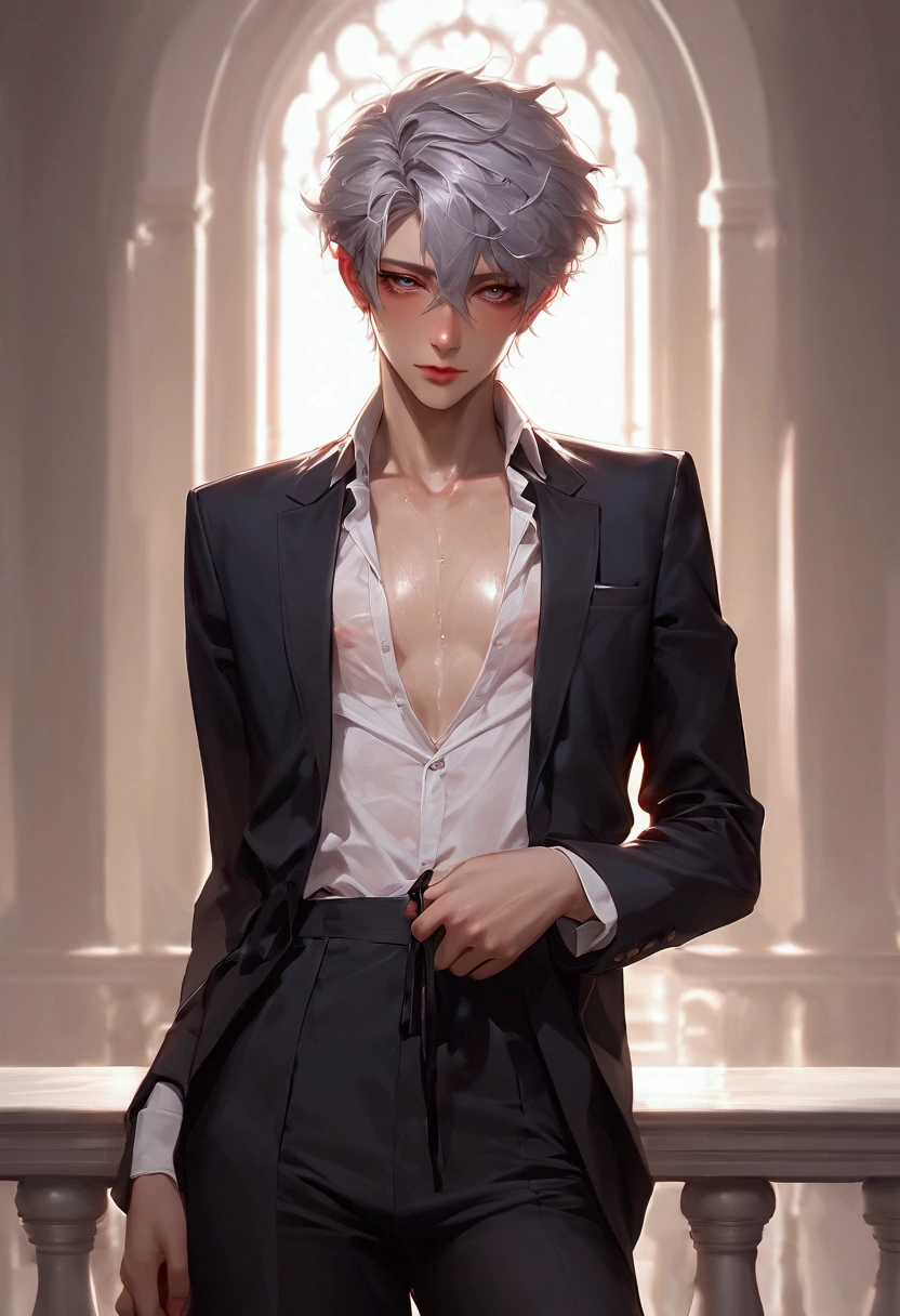 score_9, score_8_up, score_7_up, Portrait of a very beautiful boy,Butler&#39;s uniform,jacket,slacks,Open shirt,Untied tie, Silver Hair,Semi-long,Side Tail,anime,Mansion,Unreal beauty,Captivating eyes,Thin chest, femboy, trap, Beautiful Shadows,Best Quality,  (Subtle details), (Intricate details), Cinematic Light,Ray Tracing,Beautiful Face,Perfect Face,in heat, drunken eyes, Wet and see-through clothes