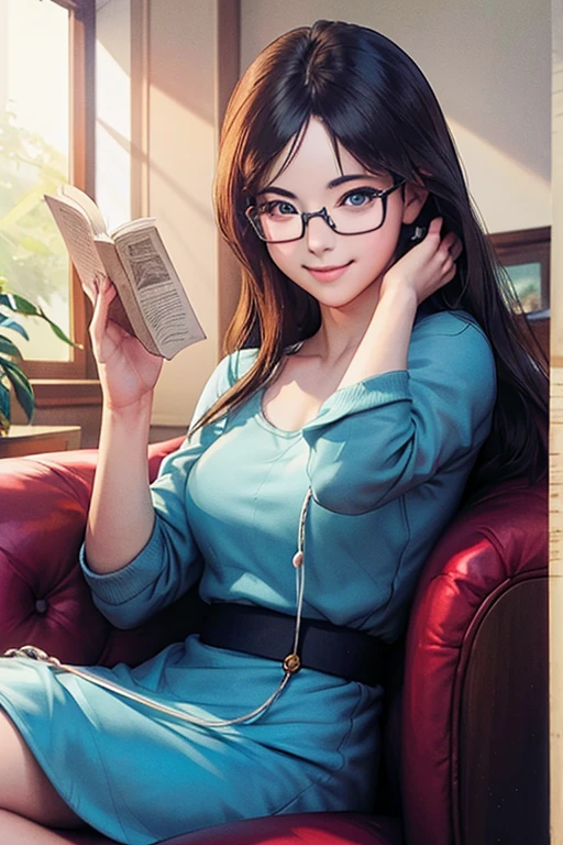 Best Quality、masterpiece、High sensitivity、High resolution、Detailed Description、Delicate facial depiction、Slender women、Glasses、Smiling face、Sitting on a chair、Reading、