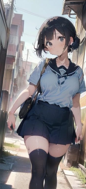 ((top-quality、8K、​masterpiece:1.3))、女の子1人、In a town where many people walk、Slender Abs、sofas、hyperdetailed face、A detailed eye、二重まぶた、非常にlarge full breasts、large full breasts、Colossal tits、Neat and clean schoolgirl、black hair shorthair、Straight bob hair、Shorthair with bangs、A smile、Schoolgirl Uniform、Low female genitals visible through the skirt、An 18-year-old woman、Sheer white shirt、Unbutton and unfold the shirt、Exposing breasts、Navy blue ribbon at the collar、Dark blue pleated micro mini、Sexy、Peek at the viewer、Beautiful graphics、Bright and sunny main street、There are a lot of people、Show me your whole body、beautiful legal body photos、is standing、No bra、teats see through、The shape of your nipples is noticeable even under your shirt.、No panties、No panties、Detailed female genital shape pantyhose missing、(Facing the front)(((Blushing cheeks、embarassed expression)),(((The skirt is rolled up by the wind)))、Showing female genitalia、、Background depth of field、Please choose one&#39;skirt in the crowd、Men behind、Grabbed by a man、Chest grabbing、Nasty crest on the lower abdomen、