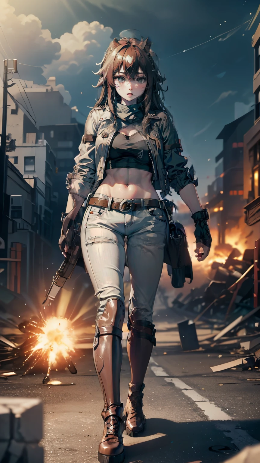 ((high quality)), ((masterpiece)), 8k, 2 girls, bulletproof vest, light, Extremely detailed CG unified 8k wallpaper, Game CG, looking at the audience, Gloves, boots, whole body, watch, , mask, drone, possessing weapons, earphone, jacket, (Destroyed city in the background , explode , smokes