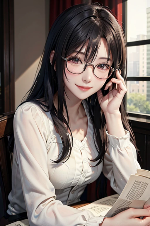 Best Quality、masterpiece、High sensitivity、High resolution、Detailed Description、Delicate facial depiction、Slender women、Glasses、Smiling face、Sitting on a chair、Reading、