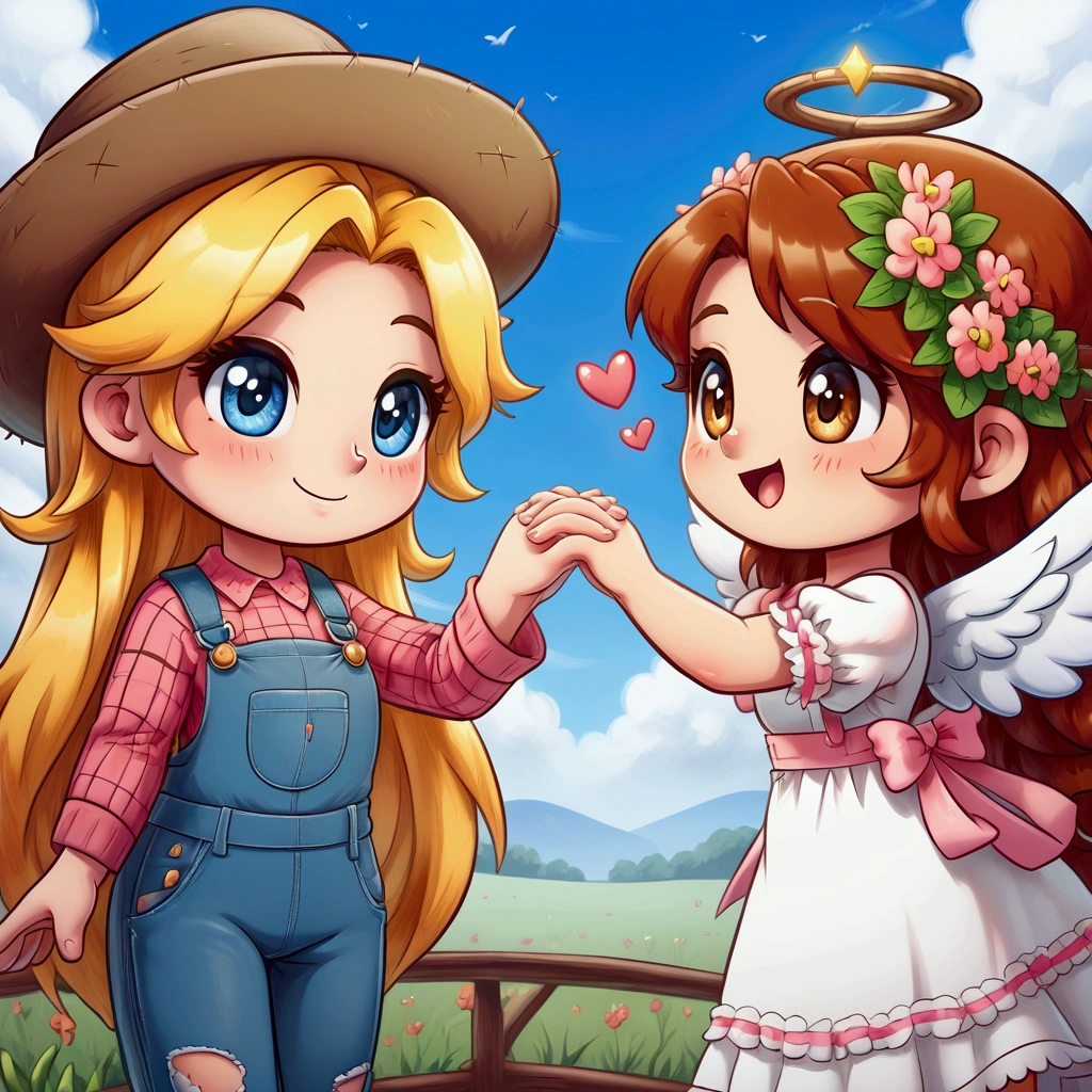 two little girls in overalls and hats are touching hands, cute art style, 🍁 cute, maplestory, 2 angels, official fanart, detailed fanart, cute artwork, profile picture 1024px, maple story, high quality fanart, chibi art, cute detailed digital art, tiny villagers, style of maple story, abigail from stardew valley, cute detailed artwork