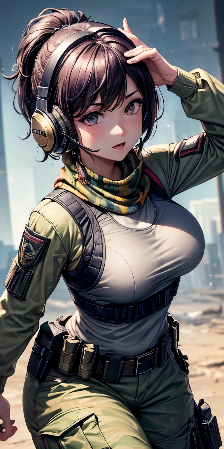 Posing in front of a colorful and dynamic background. Realistic, 8k, masterpiece, RAW Photos, Highest quality, Realistic, 非常に詳細な CG Unity 8k 壁紙, Written boundary depth, Cinematic Light, Lens flare, Ray Tracing, Perfect lighting,short hair, (Delicate skin), (Delicate face), (Pop Background :1.1), Person standing and watching、Comical movement,1 female,The world of the movie Killbill、Headphones,(Yellow background),Modern Style,Artistic,mobile composition,Unique Pattern,Bold Texture,colorful,Imaginative,Whimsical,Vibrant,like々Shii,Playful,Vibrant,creative,Expressive,stylish,tendency,One Girl,Holding a Japanese sword、Coca-Cola Poster、Lemon on the background、Bruce Lee Costume,Eat pizza、