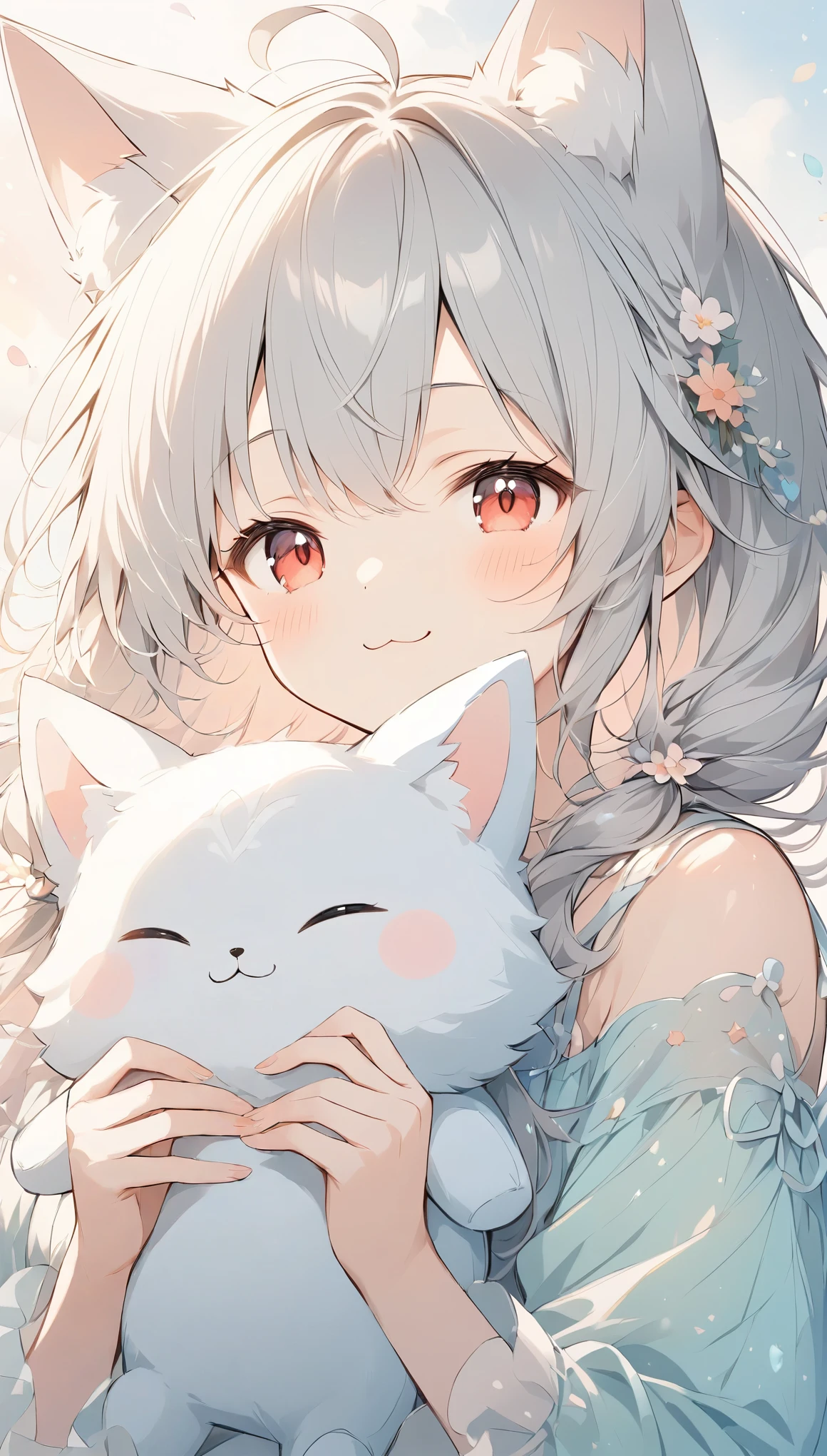 ((The pale lines and soft colors create a dreamy, ephemeral impression..)),Nine-tailed fox、Nine Tails、Fluffy、Gray Hair、Slanted Eyes、Red Eyes、Holding a cute white fox stuffed toy、Light effects、Close your eyes、smile,:3