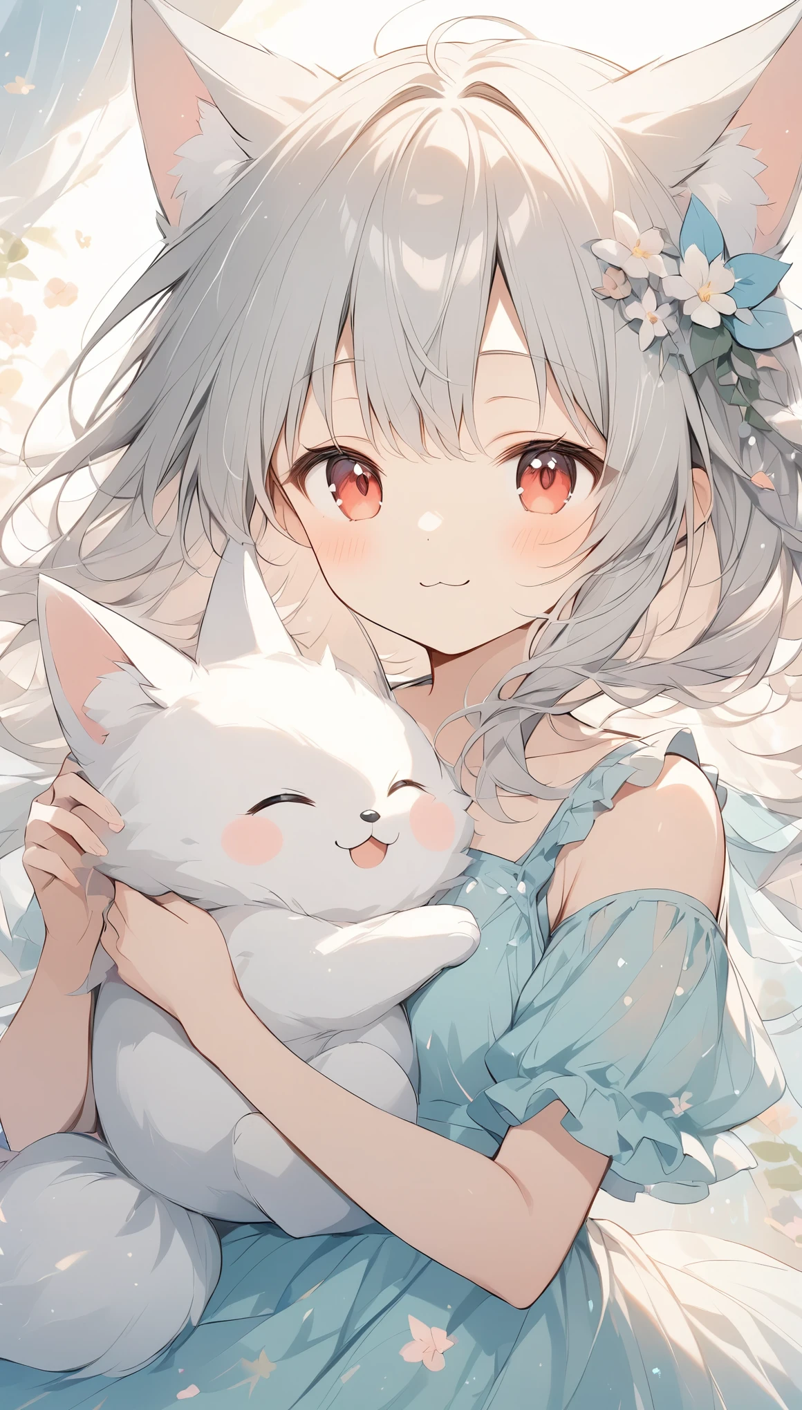 ((The pale lines and soft colors create a dreamy, ephemeral impression..)),Nine-tailed fox、Nine Tails、Fluffy、Gray Hair、Slanted Eyes、Red Eyes、Holding a cute white fox stuffed toy、Light effects、Close your eyes、smile,:3