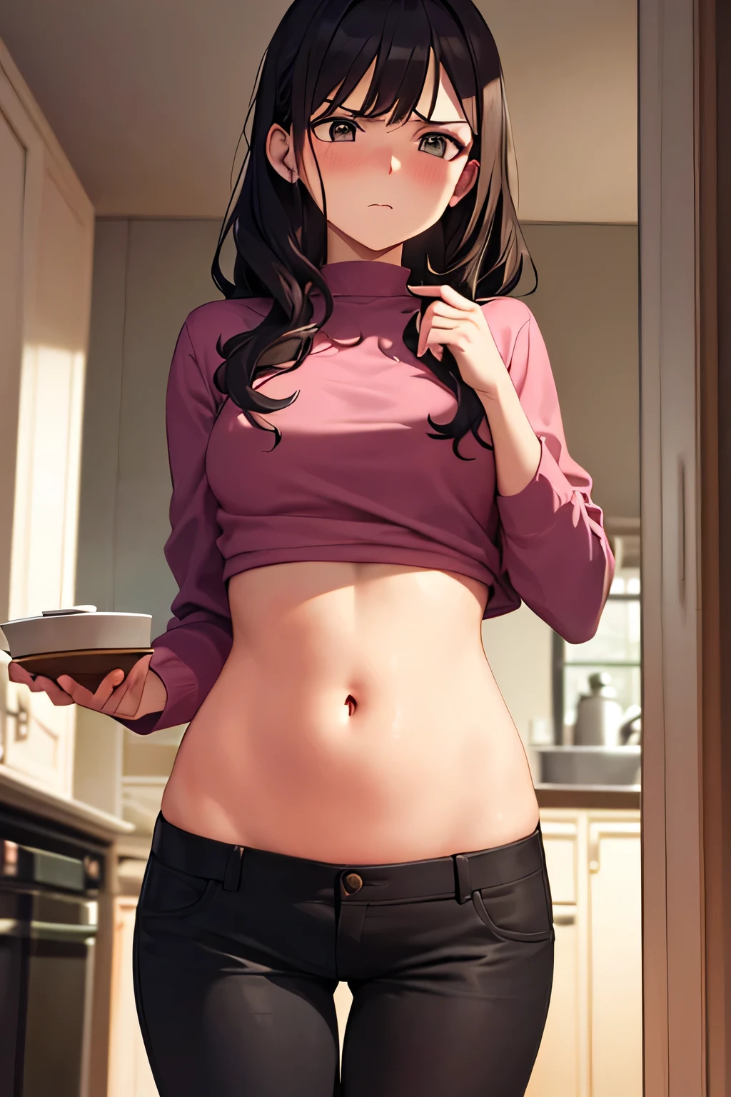 super fine illustration, vibrant colors, masterpiece, sharp focus, best quality, depth of field, cinematic lighting, ultra detailed, crop top, long sleeves, long pants, navel, tummy, 1 woman, solo, milf, slender, full face blush, annoyed, mature female, tall woman, looking down, dark hair, long hair, annoyed, curly hair, pink shirt, small breasts, indoors, kitchen, belly, bellybutton, belly button, 