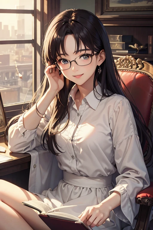 Best Quality、masterpiece、High sensitivity、High resolution、Detailed Description、Delicate facial depiction、Slender women、Glasses、Smiling face、Sitting on a chair、Reading、