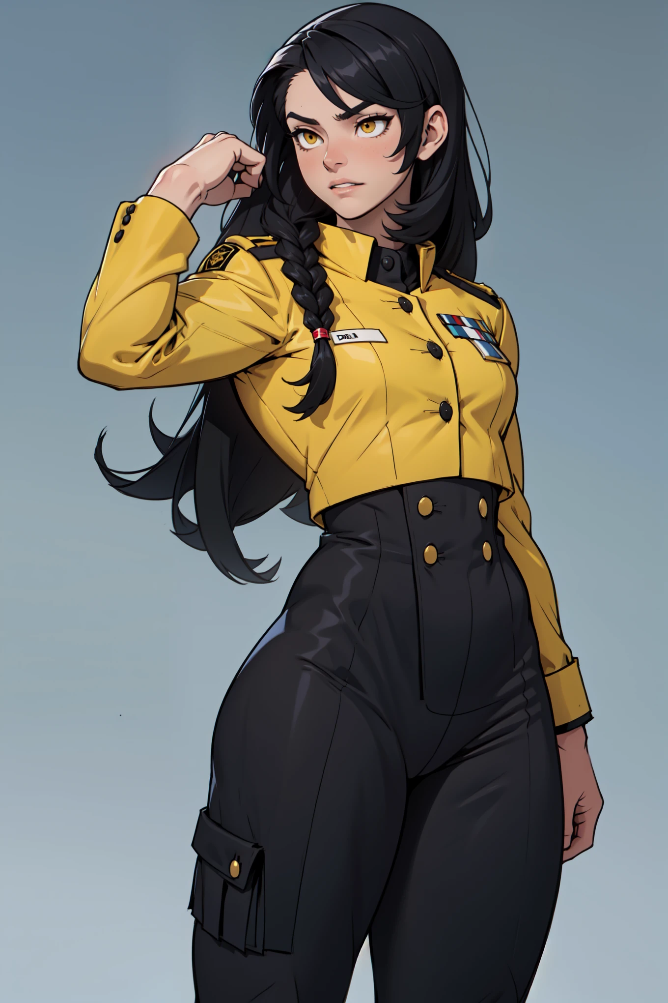 solo, 1 girl, (very long hair), black hair, angry, yellow eyes pale skin wide hips thick thighs curvy muscular toned body bodybuilder huge tits ((military uniform))